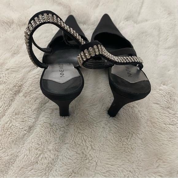 Nine West Black Satin Rhinestone Pointed Toe Slingback Heels Size 7 - Picture 5 of 11